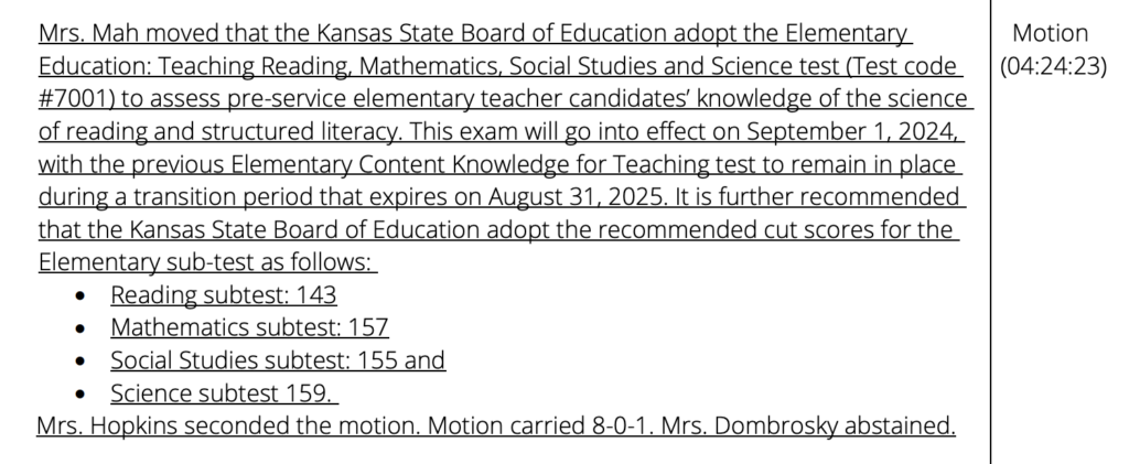 minutes from may 14, 2024 Kansas State Board of Education meeting where they vote on adopting Praxis 7001 exam